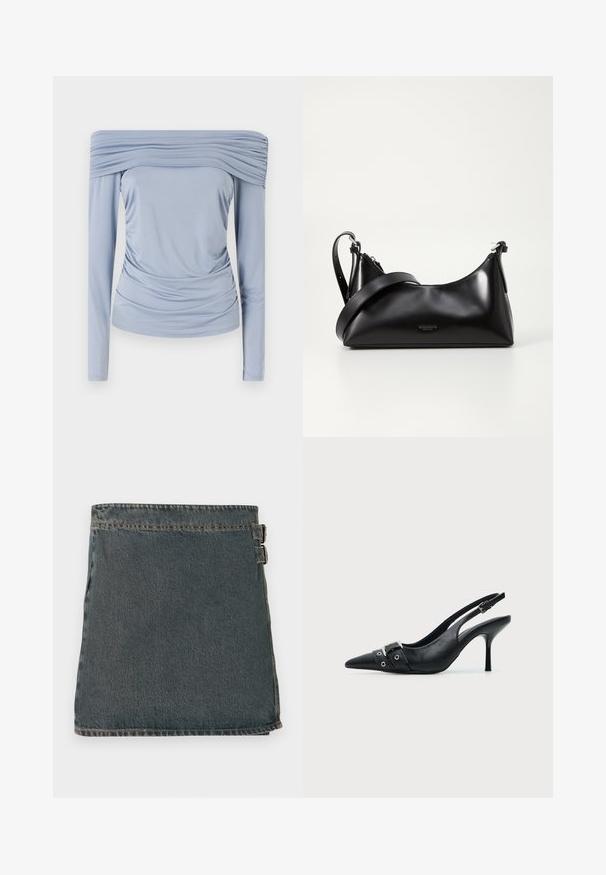 Top azul claro sin hombros, hecho de una tela suave, con detalles fruncidos alrededor del escote y la cintura, y mangas largas.; Falda de mezclilla envolvente en azul oscuro con una superficie texturizada, que presenta dos hebillas laterales y un dobladillo recto. Costuras visibles a lo largo de los bordes.; Zapato de tacón alto tipo slingback de piel negra con puntera puntiaguda, con hebilla y detalle de tira con ojetes en la parte delantera.; Bolso de mano de cuero negro con una textura suave. Cuenta con una correa ajustable y un diseño elegante y minimalista con cierre de cremallera.
