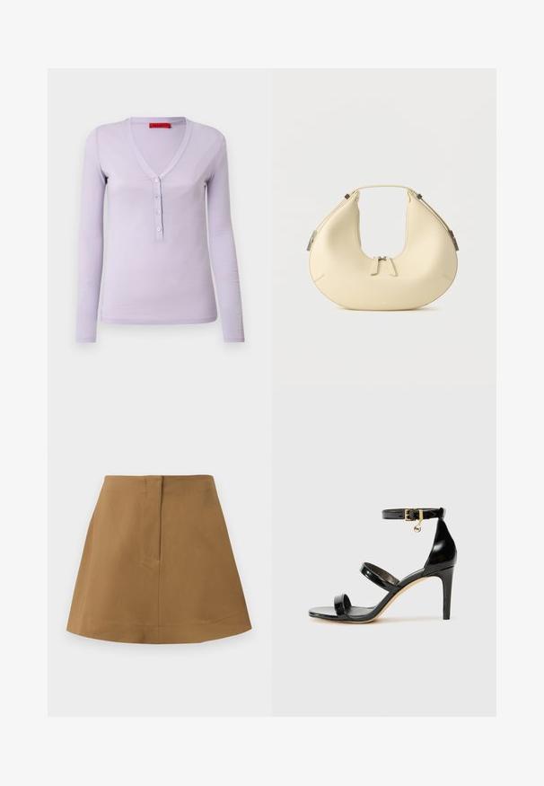 Top de manga larga lila con escote en V, que cuenta con una botonera de cinco botones y una tela suave y ligera. Diseño simple y ajustado.; Falda marrón con una silueta acampanada, hecha de una tela suave. Presenta una cinturilla simple y un detalle de costura en la parte posterior.; Sandalia de charol negro con tres correas, hebilla en el tobillo y tacón de aguja de 10 cm. Presenta detalles de hardware en oro y un charm con el logo.; Bolso beige en forma de media luna con cierre de doble cremallera y asa corta, con detalles de herrajes plateados en los lados.