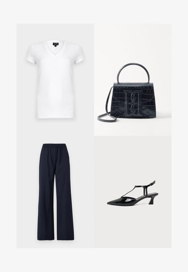 T-shirt blanc à col en V en coton avec manches courtes, présentant un petit logo sur le côté gauche de la poitrine. Texture de tissu lisse.; Pantalon large bleu marine avec une ceinture élastique et un devant lisse, présenté sur un fond blanc.; Chaussure slingback en cuir verni noir à bout pointu avec bride en T et petit talon bloc incliné sur fond blanc.; Sac à main en cuir noir embossé en crocodile avec un design structuré, une poignée supérieure, une bandoulière ajustable et un détail de logo en avant bien visible.