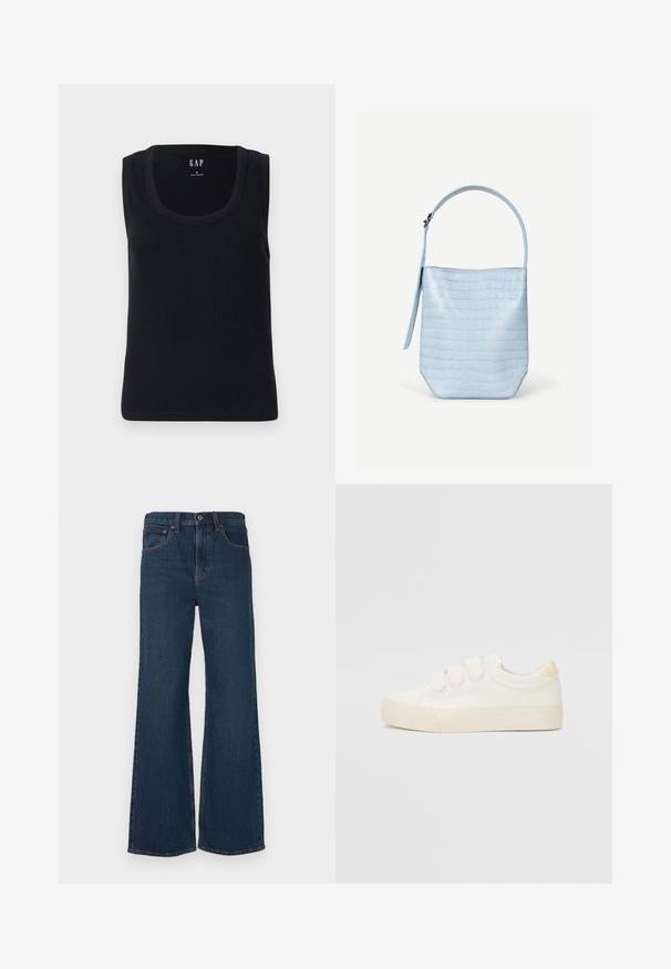 Sort ribbet tanktop med rund halsudskæring, ærmeløs design og tætsiddende silhuet. Mærket er vist i den øverste midte.; Mørk vask, smækkede bukser lavet af denim. Har fem lommer, en knaplukning og synlige syninger langs sømmene.; Hvide sneakers med en glat læderlignende overdel, tre velcrostropper, rund tå og en tekstureret gummisål. Bagakcent i beige.; Lyseblå håndtaske med krokodillestruktur, rektangulær form, enkelt topstrop, og en sideophængt rem på en ensartet hvid baggrund.