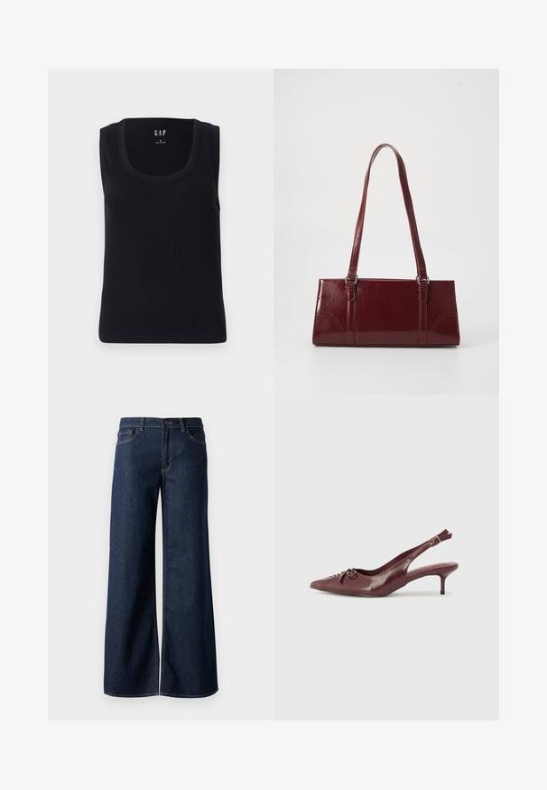 Sort ribbet tanktop med rund halsudskæring, ærmeløs design og tætsiddende silhuet. Mærket er vist i den øverste midte.; Bredde ben jeans i mørkeblå denim. Har kontrastsyninger, fem lommer og en knaplukning i taljen. Glat tekstur.; Bordeaux læder slingback hæl med spidse tå, justerbar rem og dekorativ sløjfedetalje foran. 7,5 cm hælhøjde.; Bordeaux håndtaske lavet af glansfuldt materiale, rektangulær form, med to skulderremme og subtile buede detaljer på forsiden.