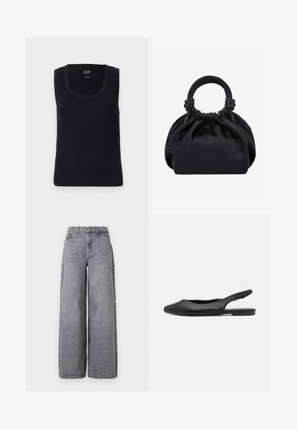 Sort ribbet tanktop med rund halsudskæring, ærmeløs design og tætsiddende silhuet. Mærket er vist i den øverste midte.; Bredde ben denim jeans i en falmet grå vask, med fem lommer, en knaplukning og en blød tekstur med subtile fældningsdetaljer.; Sorte læder slingback sko med spidse tæer, flad hæl og buet udskæringsdesign. Glat overflade og minimalistisk stil.; Sort blød stofhåndtaske med samlet top og cirkulære polstrede håndtag bundet med knuder på hver side.
