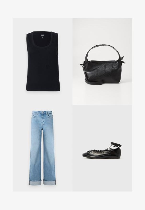 Sort ribbet tanktop med rund halsudskæring, ærmeløs design og tætsiddende silhuet. Mærket er vist i den øverste midte.; Lyseblå, vide jeans i klassisk denim med høj talje, prydet med opbrettede kanter og synlig søm.; Sorte balletflade sko i laklæder med rundet tå, snørelukning og flad sål. Glat tekstur med få detaljer.; Sort læderhåndtaske med et struktureret design, rund tophåndtag og aftagelig skulderrem. Den har en glat tekstur og en subtil glans.