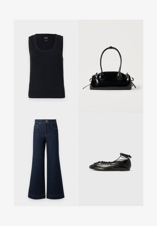 Sort ribbet tanktop med rund halsudskæring, ærmeløs design og tætsiddende silhuet. Mærket er vist i den øverste midte.; Mørkeblå denim jeans med bred flare, høj talje, forlommer og kontrastfarvet guldtråd. Har dobbelt knaplukning.; Sorte balletflade sko i laklæder med rundet tå, snørelukning og flad sål. Glat tekstur med få detaljer.; Lille sort blank håndtaske med to lange håndtag og snøre-detaljer i siden på en ensfarvet lys baggrund.