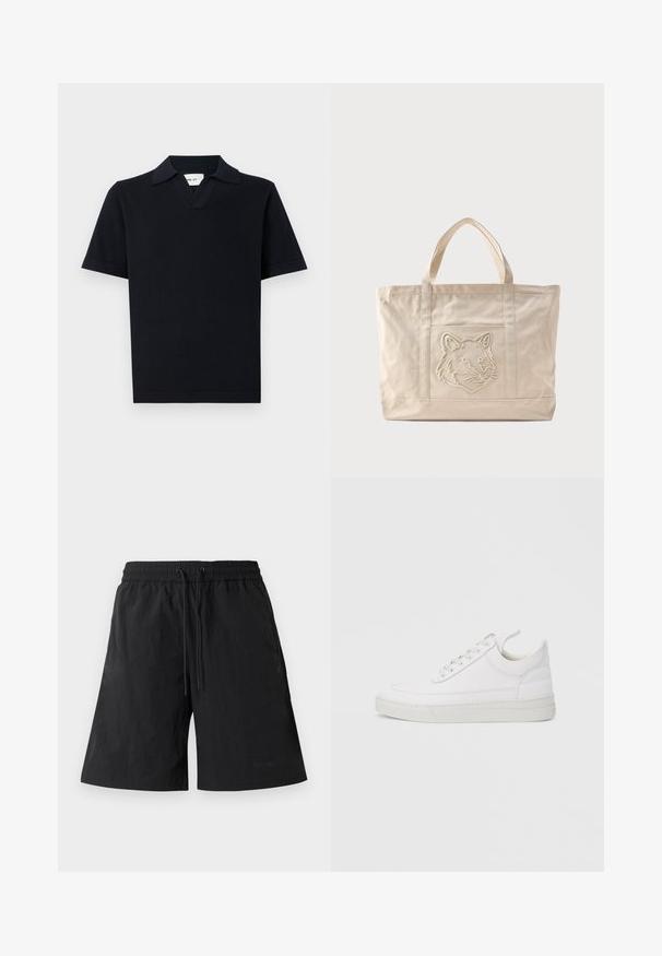 Zwarte polo met korte mouwen, gemaakt van een gladde stof, met een klassieke kraag en een subtiele V-halsontwerp met een rechte zoom.; Zwarte shorts van lichtgewicht stof met een gestructureerd oppervlak, voorzien van een elastische tailleband en trektouwtjes voor een verstelbare pasvorm.; Witte leren sneaker met een afgeronde neus, platte zool en veters aan de voorkant. Voorzien van stikseldetails en een gevoerde kraag voor comfort.; Beige canvas tas met dubbele handvatten en een reliëf ontwerp van een wolfskop op het voorvak.