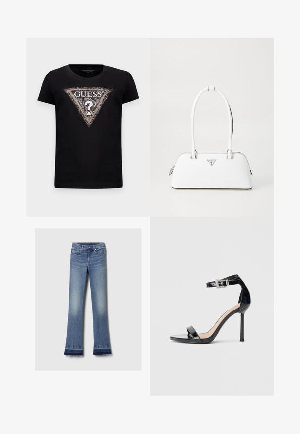 T-shirt noir à manches courtes avec un grand logo en paillettes en forme de triangle arborant "GUESS U.S.A." et un point d'interrogation central.; GAP V-BABY BOOT ROCHA - Jeans Skinny - medium wash; Sandale à talon haut en cuir verni noir avec bride à la cheville. Présente un design minimaliste, un bout ouvert et une boucle ornée de strass.; Sac à main en cuir blanc avec une forme courbée, présentant un logo triangulaire argenté et une fermeture à glissière. Texture lisse et doubles poignées.
