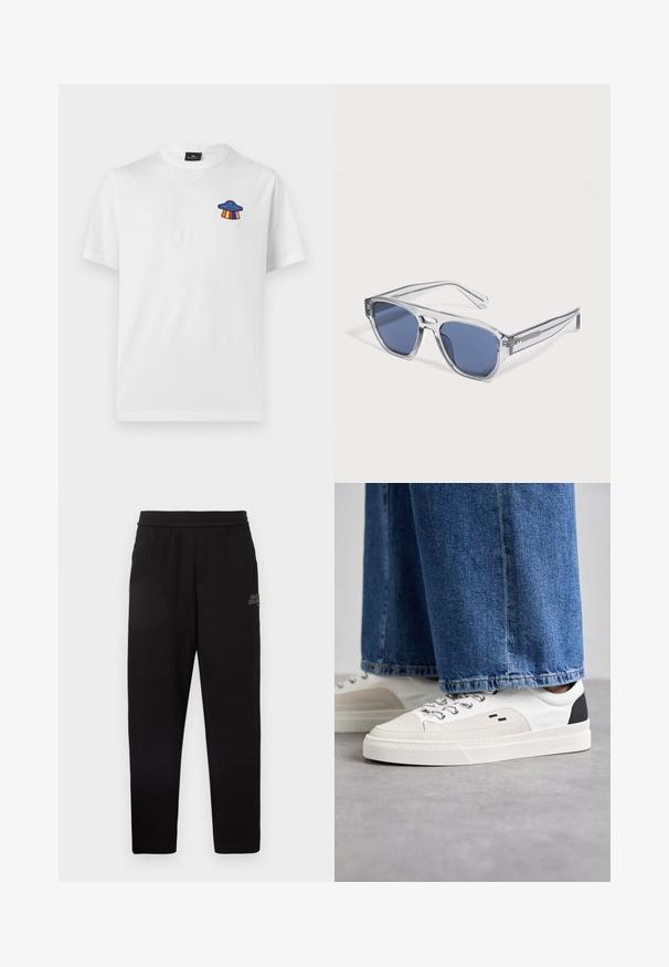 Λευκό κοντομάνικο T-shirt με μικρό μπλε γραφικό UFO και ουράνια τόξα στην αριστερή πλευρά του στήθους.; Μαύρο tapered παντελόνι φόρμας με ελαστική μέση και μικρό εκτυπωμένο λογότυπο στο άνω αριστερό μηρό.; Λευκά και μαύρα sneakers με λείο δερματικό επάνω μέρος, υφασμάτινες λεπτομέρειες και χοντρή λευκή σόλα. Διαθέτουν κλασικό σχέδιο με κορδόνια.; Γυαλιά ηλίου με διάφανο σκελετό και ορθογώνιους φακούς με μπλε απόχρωση που ακουμπούν σε λευκή επιφάνεια.