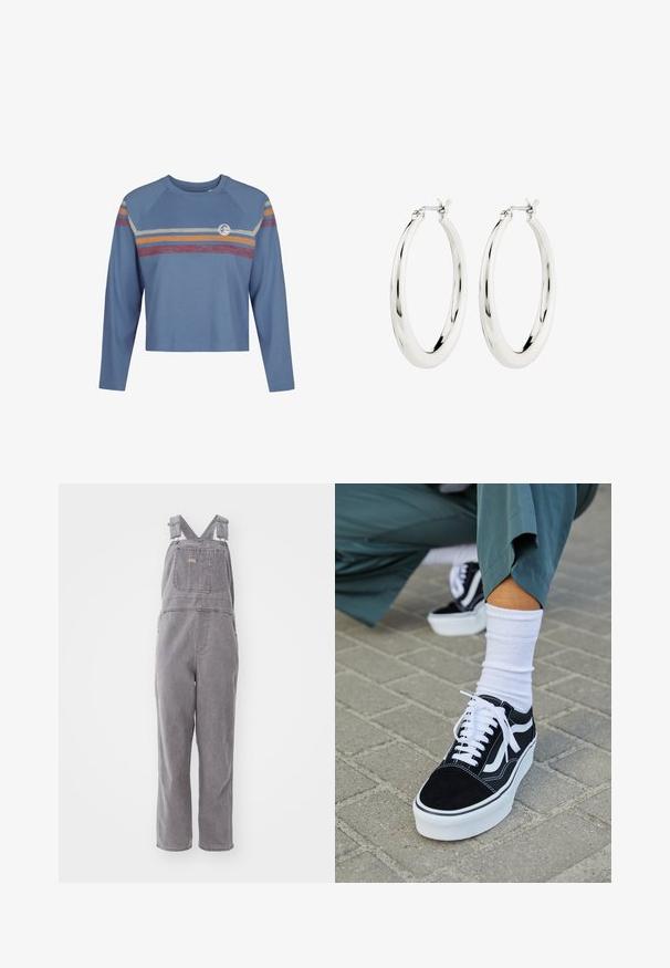 Lysblå langærmet crop top med raglanærmer, der har farverige vandrette striber i rød, gul og creme over brystet.; Grå denim overalls med justerbare skulderstropper, en frontlomme og en afslappet pasform. Har lige ben og ensfarvet throughout.; Sorte ruskinds sneakers med hvide accenter og snørebånd, der har en tyk hvid sål og kontrasterende syninger, parret med en hvid sok.; Sølvøreringe i form af hoops med en glat, blank finish. Cirkulær form, der har en sikker lås. Simpelt og elegant design.