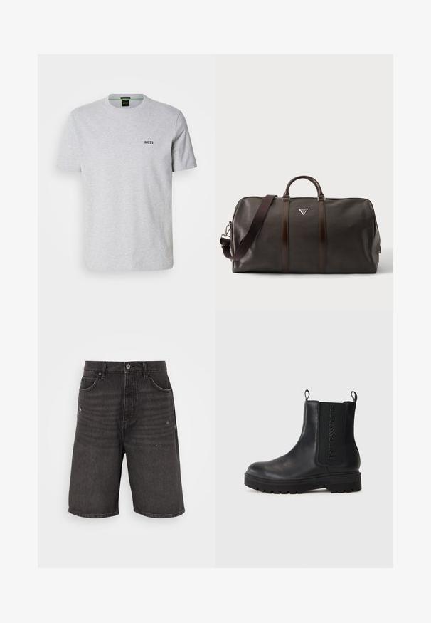 Grå bomulds t-shirt med rund halsudskæring, korte ærmer og et lille sort "BOSS" logo på brystet. Glat tekstur, afslappet design.; Sorte denim shorts med afslappet pasform, der har frontlommer, en slidt tekstur og et klassisk taljebånd med en enkelt knaplukning.; Sorte læder Chelsea støvler med rund tå, elastiske sidepaneler, træk-løkker og en kraftig gummisål med udtalt profil.; Mørkebrun læder duffel taske med dobbelte håndtag, justerbar skulderrem og et lille trekantet mærkelogo foran i midten.