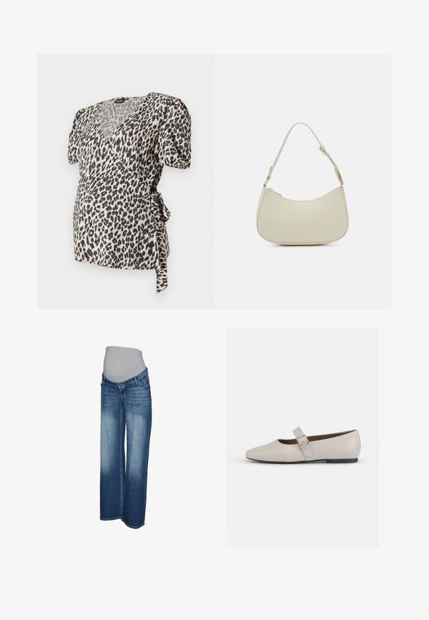Leopardenmuster Wickeloberteil mit kurzen Puffärmel, aus weichem Stoff gefertigt. Verfügt über einen Ausschnitt und eine Bindeschleife an der Taille. Farben: Creme und Schwarz.; Umstandsjeans aus hell- bis dunkelblauem Denim. Weites Bein mit grauem elastischem Bund für Komfort und Dehnbarkeit. Keine sichtbaren Verschlüsse.; Beige Leder-Mary-Jane-Ballerinas mit spitzem Schuhkopf, Knöchelriemen und silbernem Schnallen-Detail, ausgestattet mit einem niedrigen schwarzen Absatz.; Pieces PCALUANA SHOULDER BAG - Handtasche - birch