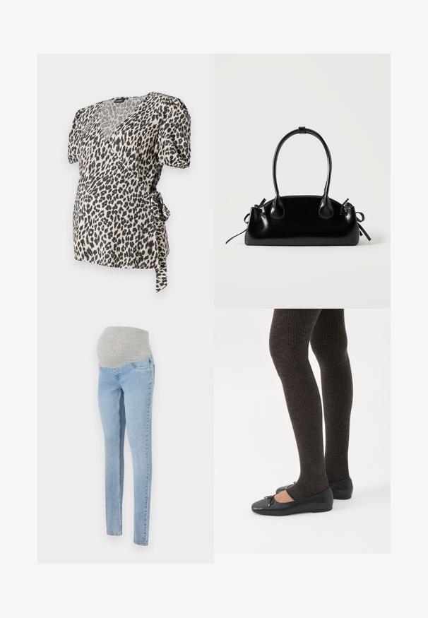 Leopardprint wikkeltop met korte pofmouwen, gemaakt van een zachte stof. Voorzien van een halslijn en strikdetail in de taille. Crème en zwarte kleuren.; Materniteitspantalons in lichtblauwe denim met een zachte, grijze rekbare tailleband. Kenmerken zijn een slim fit en een klassieke vijf-pocketdesign.; Benen met donkere geribbelde leggings gecombineerd met zwarte ballerina's met kleine strikdetails op een witte achtergrond.; Kleine zwarte glanzende handtas met twee lange hengsels en zijkant trekkoord details op een effen lichte achtergrond.