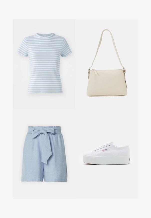 Lichtblauw T-shirt met korte mouwen, voorzien van horizontale witte strepen, ribbelstructuur en een ronde halslijn. Geschikt voor casual dragen.; Lichtblauwe linnen shorts met een strikceintuur, geplooide taille en afgewerkte zoom. De stof heeft een zacht, gestructureerd uiterlijk.; Witte canvas sneaker met een dikke witte platformzool, ronde neus en metalen oogjes voor veters. Merkl logo aan de zijkant weergegeven.; Beige schoudertas van glad leer met een ritsluiting. Kenmerkt zich door een eenvoudig ontwerp, een slanke schouderband en metalen hardwareaccenten.