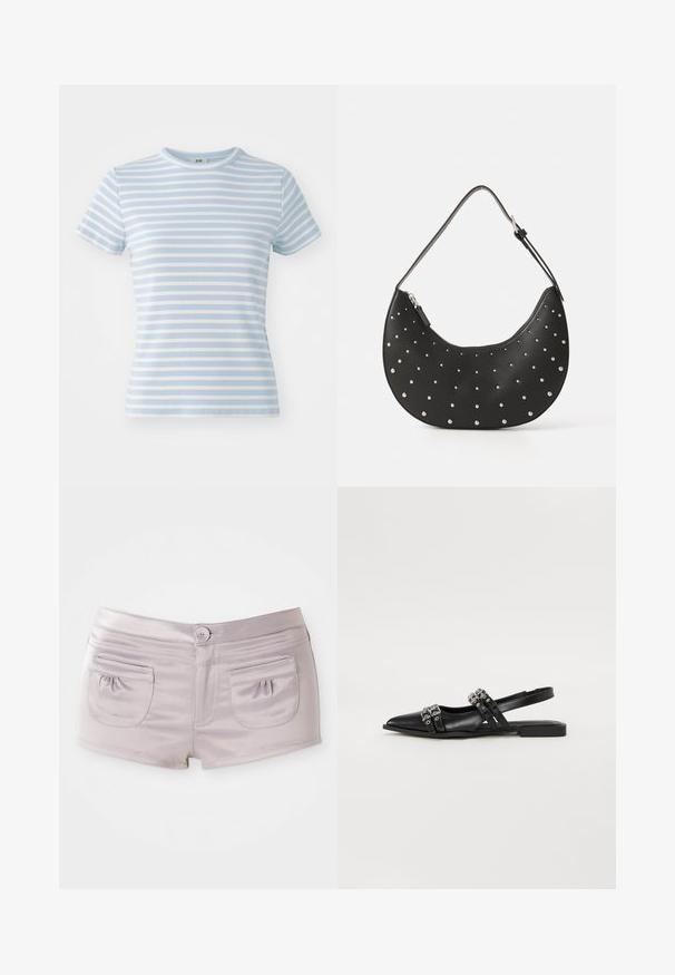 Lichtblauw T-shirt met korte mouwen, voorzien van horizontale witte strepen, ribbelstructuur en een ronde halslijn. Geschikt voor casual dragen.; Lichtpaarse shorts van gladde, glanzende stof, met twee achterzakken en een sluiting met knoop aan de voorkant, voorzien van een platte tailleband.; Even&Odd by Zalando Slingback ballerina´s - black; Zwarte leren handtas met een gebogen vorm, versierd met zilveren studs, voorzien van een ritssluiting en een enkele verstelbare schouderband.