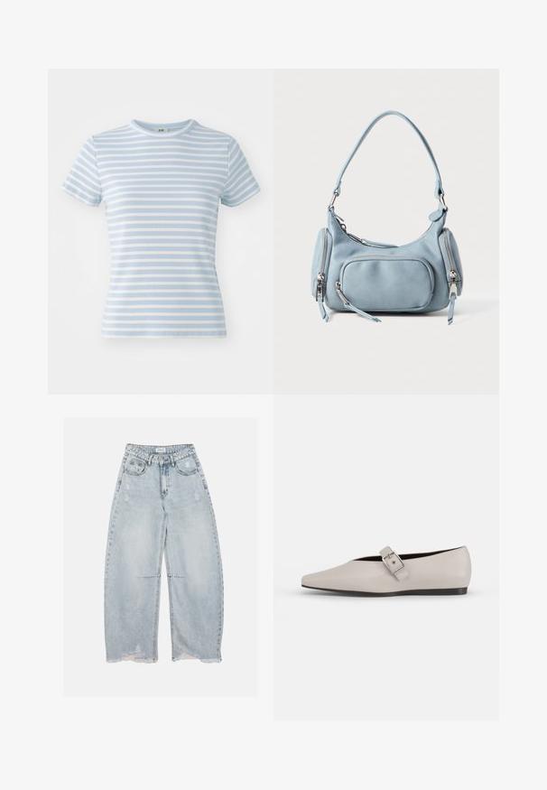 Camiseta de manga corta azul claro con rayas horizontales blancas, textura acanalada y cuello redondo. Ideal para un estilo casual.; Vaqueros de mezclilla azules claros de pierna ancha con detalles desgastados y dobladillos deshilachados, con bolsillos delanteros, trabillas para cinturón y cierre de botón.; Zapato plano de cuero beige con punta afilada, un detalle de hebilla lateral y suela negra baja. Textura suave y diseño minimalista.; Bolso de mano de cuero azul claro con forma redondeada, dos bolsillos con cremallera, un asa corta y acentos de hardware en plata. Textura suave.