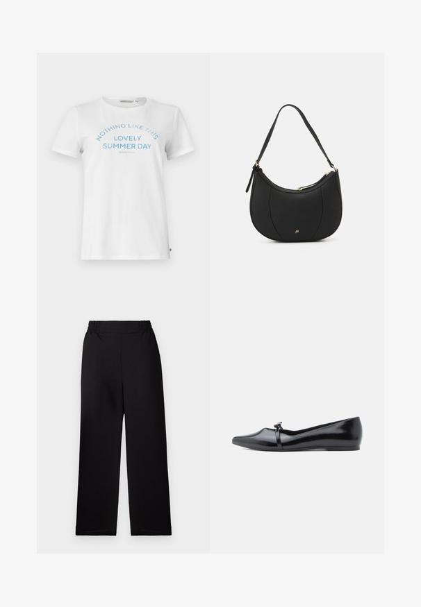 T-shirt en coton blanc à manches courtes et col rond. Présente un texte bleu inscrivant "RIEN DE TEL QU'UN JOLI JOUR D'ÉTÉ" dans un design arquivé.; Pantalon large plissé noir avec une taille élastique. Le matériau a une finition texturée. Pas de quincaillerie visible ni de motifs.; Ballerine en cuir verni noir avec bout pointu, bride décorative et texture lisse. Design minimaliste sans accents visibles.; Sac à main en cuir noir avec une forme courbée, surface texturée, coutures avant et un logo doré. Il est doté d'une seule sangle ajustable.