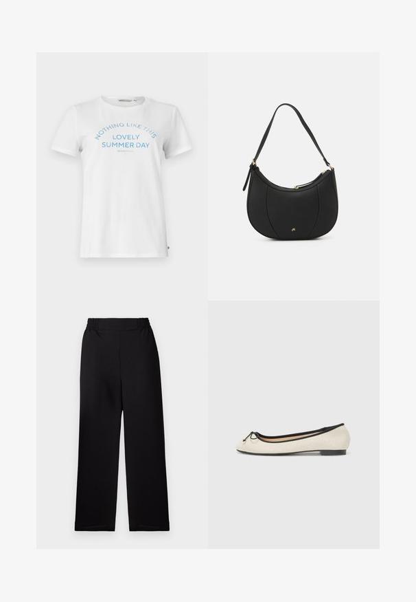 T-shirt en coton blanc à manches courtes et col rond. Présente un texte bleu inscrivant "RIEN DE TEL QU'UN JOLI JOUR D'ÉTÉ" dans un design arquivé.; Pantalon large plissé noir avec une taille élastique. Le matériau a une finition texturée. Pas de quincaillerie visible ni de motifs.; Ballerine en textile beige avec une bordure noire. Affiche un bout arrondi et un petit nœud en accent sur le devant. Semelle basse.; Sac à main en cuir noir avec une forme courbée, surface texturée, coutures avant et un logo doré. Il est doté d'une seule sangle ajustable.