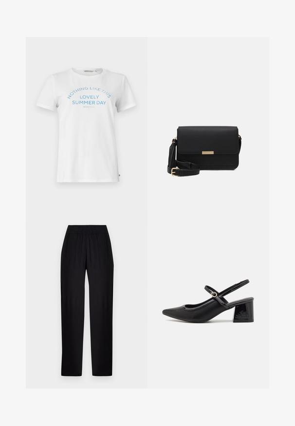 T-shirt en coton blanc à manches courtes et col rond. Présente un texte bleu inscrivant "RIEN DE TEL QU'UN JOLI JOUR D'ÉTÉ" dans un design arquivé.; Pantalon noir droit avec une ceinture élastique et des poches latérales, présenté sur un fond clair uni.; Escarpins slingback en cuir verni noir avec un embout pointu, un design à découpes arrondies et un talon carré. Présente un accent de boucle en ton doré.; Sac en cuir noir avec un rabat, accents en matériel doré, sangle réglable et surface texturée. Forme rectangulaire compacte.