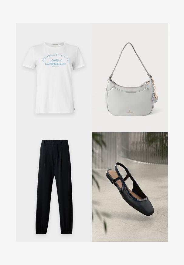 T-shirt en coton blanc à manches courtes et col rond. Présente un texte bleu inscrivant "RIEN DE TEL QU'UN JOLI JOUR D'ÉTÉ" dans un design arquivé.; Pantalons noirs à taille élastique avec fermeture à bouton, design à jambe droite et poignets froncés. Fabriqués dans un tissu lisse et léger.; Chaussure plate slingback en cuir noir avec un orteil carré, dotée d'un fini verni brillant et de sangles ajustables pour un maintien sécurisé.; Sac à main en cuir gris à la forme arrondie, avec des accessoires dorés et un charm décoratif. Il est doté d'une fermeture éclair et d'une seule bandoulière.