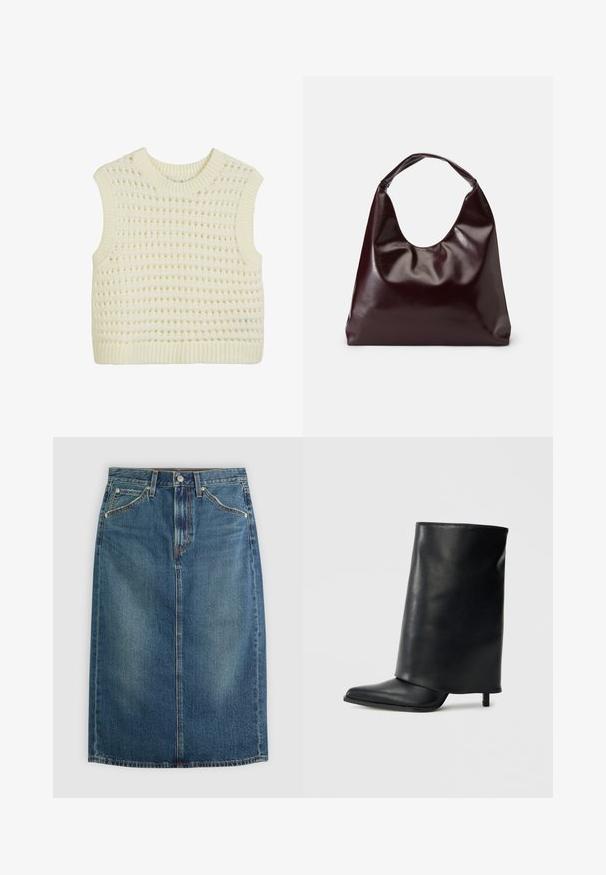 Top sin mangas de punto en color crema, con un patrón texturizado de tramas abiertas y ribete en el escote y el dobladillo.; Falda de denim en azul oscuro con una silueta recta, presenta un cierre frontal de botones, cinco bolsillos y acentos de costura en contraste.; Botín de cuero negro con un diseño estructurado y solapa doblada, punta afilada y tacón delgado. Textura lisa con detalles mínimos.; Bolso tote vegan de cuero brillante en burdeos, con una forma suave y escultórica y un asa ancha y curvada para facilitar el transporte.