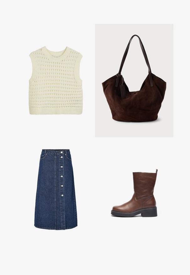 Ärmelloses Strick-Top in Creme mit einem strukturierten offenen Webmuster sowie geripptem Hals- und Saumabschluss.; Jeansrock mit hoher Taille, vorderer Knopfleiste und zwei Seitentaschen. Dunkelblaue Farbe, gerader Schnitt und sichtbare Nahtdetails.; Braune Leder-Ankle Boots mit runder Zehenform, dicker schwarzer Plattformsohle und kurzem Schaft. Mit einem Zugband für einfaches Anziehen.; Braune Wildleder-Handtasche mit einer weichen, lässigen Form. Verfügt über Ledergriffe und einen Etikettenakzent. Schlichte Textur mit geschwungenen Nähten.