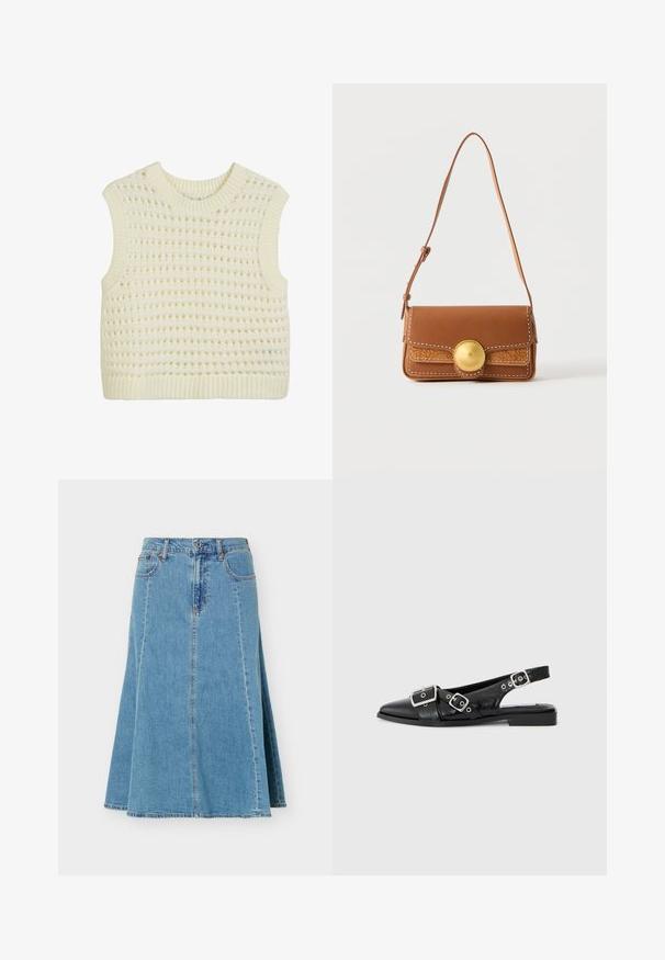 Ærmeløs strikket tanktop i creme, med et struktureret åbent vævemønster samt ribbede kanter ved hals og bund.; Blå denim A-formet nederdel med knap- og lynlås lukning foran, for- og baglommer samt synlige lodrette syninger.; Sorte læderslingbacksko med spids tå, to sølvspænder og en lav blokhæl. Har en struktureret overdel og åben bag.; Brun skuldertaske i læder med justerbar strop, hvide syninger, præget mønster og stor rund guldlås på frontklappen.