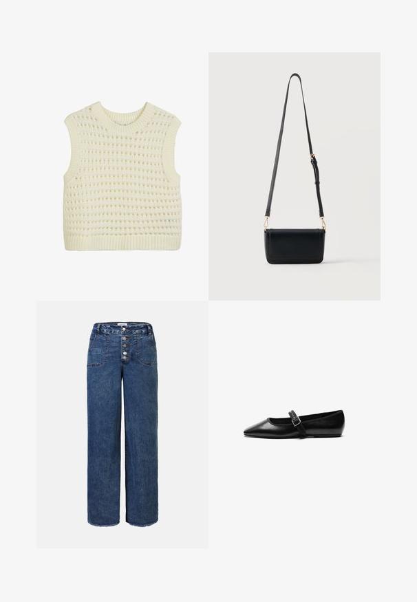 Ærmeløs strikket tanktop i creme, med et struktureret åbent vævemønster samt ribbede kanter ved hals og bund.; Bredde ben denim jeans i mørkeblå. Har knaplukning, fem lommer og frynset kant. Glat tekstur med synlige sømadmarker.; Sorte flade sko lavet af læder med spidse tæer, justerbar rem med metalspænde, glat tekstur og minimalistisk design.; Sort læder crossbody-taske med justerbar strop og guldfarvede spænder, rektangulært formet, sat mod en ensartet lys baggrund.