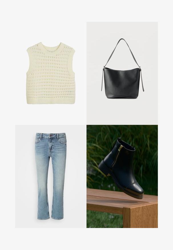 Ärmelloses Strick-Top in Creme mit einem strukturierten offenen Webmuster sowie geripptem Hals- und Saumabschluss.; Helle blaue Denim-Jeans mit geradem Bein, ausgestattet mit einem Knopfverschluss, fünf Taschen und ausgewaschenen Stellen für einen abgetragenen Look.; Schwarzer Leder-Stiefelette mit goldenem Reißverschluss, abgerundetem Zehenbereich und niedrigem Blockabsatz, auf einer Holzoberfläche vor einem grasbewachsenen Hintergrund platziert.; Schwarze Lederschultertasche mit einem einzelnen breiten Riemen und dezenten silbernen Beschlägen vor weißem Hintergrund.