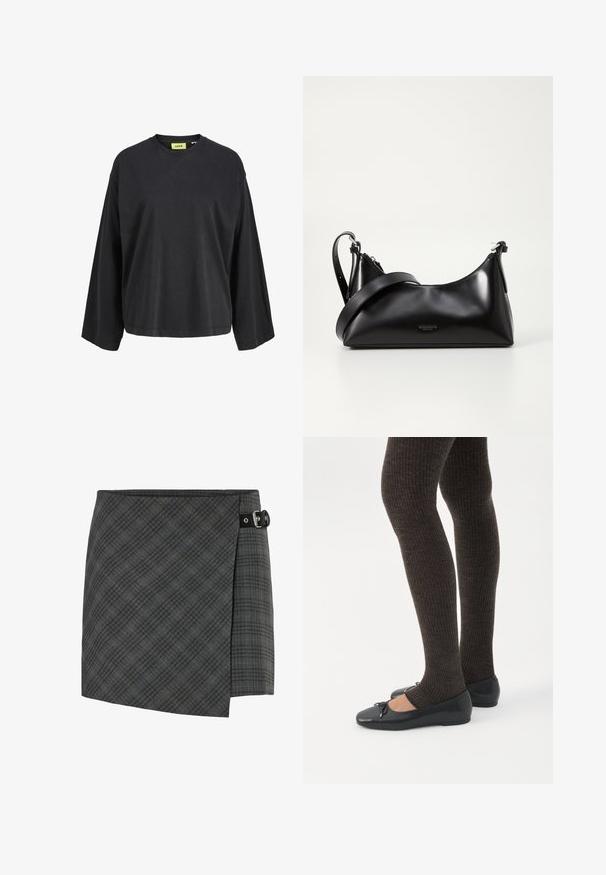 Camiseta negra de manga larga con cuello redondo, corte holgado y etiqueta de marca amarilla en el interior del cuello.; Falda de lana a cuadros gris oscuro con detalle de hebilla negra en el lado derecho, dobladillo recto y un sutil patrón de líneas diagonales.; Piernas con leggings oscuros acanalados combinados con bailarinas negras que presentan pequeños detalles de lazo sobre un fondo blanco.; Bolso de mano de cuero negro con una textura suave. Cuenta con una correa ajustable y un diseño elegante y minimalista con cierre de cremallera.