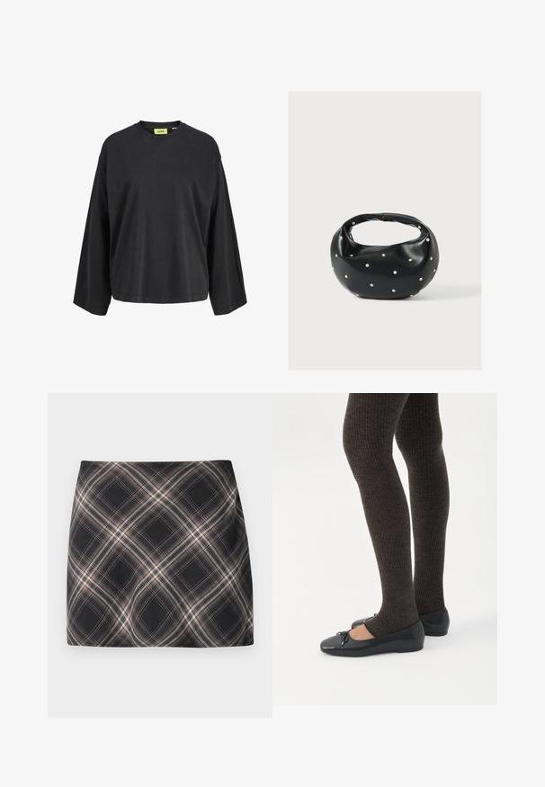 Camiseta negra de manga larga con cuello redondo, corte holgado y etiqueta de marca amarilla en el interior del cuello.; Minifalda a cuadros en negro y beige con patrón de cuadros diagonal, cintura ajustada y textura de tela suave.; Piernas con leggings oscuros acanalados combinados con bailarinas negras que presentan pequeños detalles de lazo sobre un fondo blanco.; Bolso de mano de cuero negro con forma redondeada, decorado con detalles de tachuelas plateadas y un asa corta. Textura lisa y cierre con cremallera.
