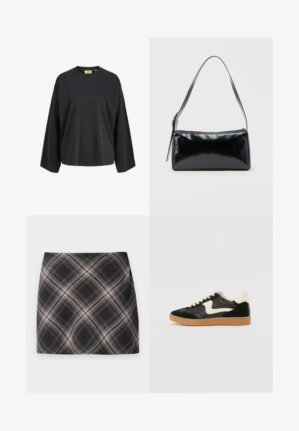 Schwarzes Langarmshirt mit Rundhalsausschnitt, lockerer Passform und gelbem Markenetikett im Krageninneren.; Schwarzer und beiger Karominirock mit diagonalem kariertem Muster, tailliertem Bund und glatter Stoffstruktur.; Schwarze Wildleder- und Leder-Sneaker mit einem cremefarbenen Seiten-Swoosh und einer hellcremefarbenen Ferse. Ausgestattet mit beige Schnürsenkeln und einer Gummilaufsohle.; Schwarze rechteckige Schultertasche mit einem verstellbaren Riemen und einem oberen Reißverschluss vor einfachem Hintergrund.