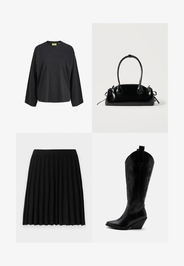 Camiseta negra de manga larga con cuello redondo, corte holgado y etiqueta de marca amarilla en el interior del cuello.; Vero Moda Knitted VMMARINA Short - Minifalda - black; Bota de vaquero de cuero negro con punta puntiaguda, tacón bloqueado inclinado, costuras decorativas y lengüetas en la parte superior sobre fondo blanco.; Pequeño bolso negro brillante con dos asas largas y detalles de cordón lateral sobre un fondo claro liso.
