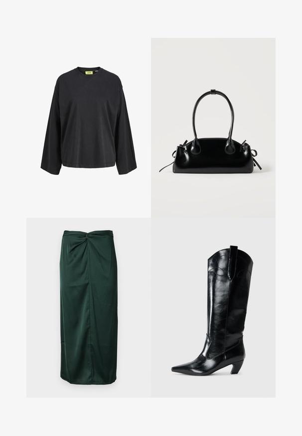 Camiseta negra de manga larga con cuello redondo, corte holgado y etiqueta de marca amarilla en el interior del cuello.; Falda de satén verde oscuro con un diseño de envoltura torcida en la cintura y una silueta recta y elegante, con una textura suave.; Botas de cuero negras hasta la rodilla con punta afilada, tacón bajo y detalle de costura decorativa en los laterales. Acabado suave y brillante.; Pequeño bolso negro brillante con dos asas largas y detalles de cordón lateral sobre un fondo claro liso.