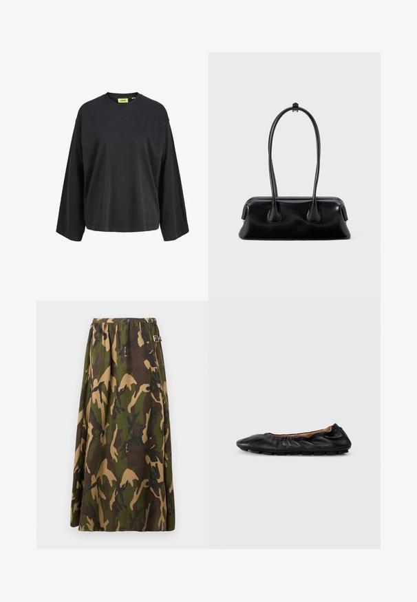 Schwarzes Langarmshirt mit Rundhalsausschnitt, lockerer Passform und gelbem Markenetikett im Krageninneren.; Camouflage-Rock in Grün- und Brauntönen; verfügt über ein plissiertes Design und silberne Hardware-Akzente an der Taille.; Schwarze Leder-Ballettschuhe mit gerafften Details am Kragen, runder Spitze und flexiblem Gummisohle. Ganze Oberfläche mit glatter Textur.; Schwarze Lederhandtasche mit zwei langen Griffen, glatter Textur und einer abgerundeten Basis mit dekorativen Akzenten an den Seiten.