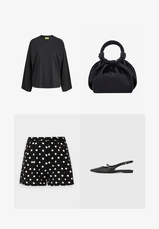 Schwarzes Langarmshirt mit Rundhalsausschnitt, lockerer Passform und gelbem Markenetikett im Krageninneren.; Schwarze Shorts mit weißen Polka-Dots, mit Falten vorn und Seitentaschen. Hergestellt aus einem leichten Stoff.; Schwarze Slingback-Schuhe aus Leder mit spitzer Zehenpartie, schmalem Riemen und silberner Schnallenverzierung an der Seite. Flache Sohle.; Schwarze weiche Stoffhandtasche mit gerafftem oberen Rand und runden, gepolsterten Griffen, die auf jeder Seite mit Knoten gebunden sind.