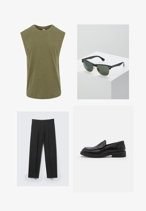 T-shirt sans manches de couleur olive, fabriqué en coton doux, avec un col rond et une coupe décontractée et ample, dotée d'une texture lisse et uniforme.; Pantalon noir ajusté avec plis avant, poches latérales, passants de ceinture et fermeture par bouton à la taille sur un fond clair.; Mocassins en cuir noir avec un bout arrondi, des coutures ton sur ton et un détail de sangle à l'avant. Semelle en caoutchouc avec un petit talon.; Lunettes de soleil Ray-Ban avec des verres verts, monture en plastique noir et accents dorés sur les bords. Forme carrée avec une finition mate.