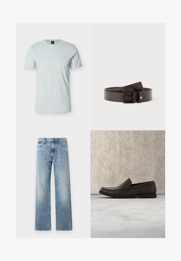 T-shirt bleu clair à manches courtes avec un petit logo ton sur ton sur la poitrine gauche et une étiquette noire à l'intérieur du col.; Jean droit en denim bleu clair avec taille haute, cinq poches, fermeture à boutons et léger délavage sur les cuisses et les genoux.; Mocassin en cuir marron foncé sans lacets avec semelle blanche en caoutchouc et détails cousus, présenté de profil sur un fond neutre.; Ceinture en cuir marron foncé avec une boucle métallique rectangulaire noire, enroulée sur un fond blanc.