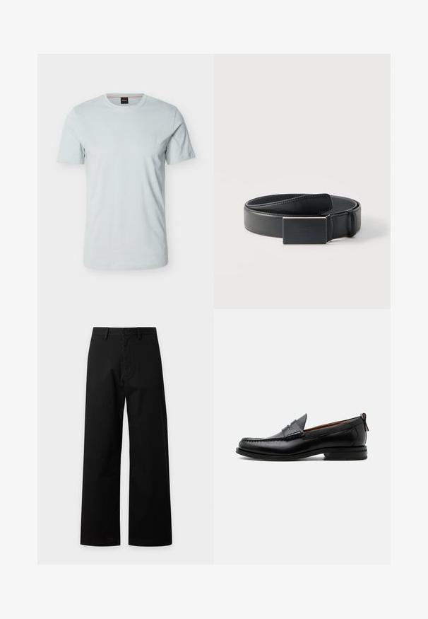 T-shirt bleu clair à manches courtes avec un petit logo ton sur ton sur la poitrine gauche et une étiquette noire à l'intérieur du col.; Pantalon noir à jambes larges avec passants pour ceinture, fermeture par bouton et tissu simple et lisse.; Mocassin homme en cuir noir avec couture moc toe, bride penny, col texturé et petit talon empilé sur fond blanc.; Ceinture en cuir noir enroulée avec une boucle noire mate rectangulaire et un logo embossé discret sur fond blanc.