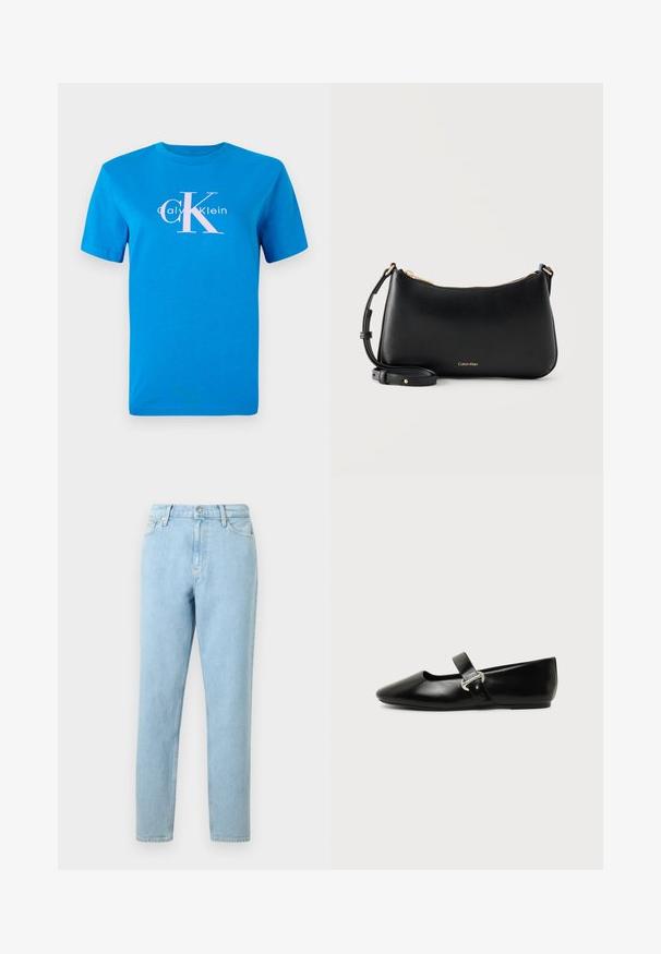 Modrá bavlnená tričko s krátkymi rukávmi, s bielym logom Calvin Klein a veľkým ružovým grafickým nápisom "CK" umiestneným na prednej strane.; Svetlomodré džínsy s rovnými nohavicami, dizajnom piatich vreciek a zapínaním na gombík. Obsahujú jemné vyblednutia a hladký povrch.; Čierna kožená Mary Jane balerína s zaoblenou špičkou a striebornou prackou na jednoduchom pozadí.; Čierna kožená taška na rameno Calvin Klein so zlatým zipsom a nastaviteľným popruhom na jednoduchom svetlom pozadí.