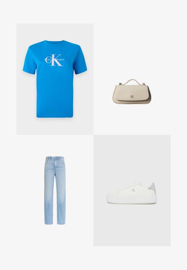 Modrá bavlnená tričko s krátkymi rukávmi, s bielym logom Calvin Klein a veľkým ružovým grafickým nápisom "CK" umiestneným na prednej strane.; Svetlomodré rifle s vysokým pásom a rovnými nohavicami, s piatimi vreckami a zapínaním na gombíky, zobrazené na bielom pozadí.; Biele plátené tenisky s hrubou bielou podrážkou, so strieborným kovovým akcentom na päte a jemným logom na boku.; Malá béžová kožená kabelka s horným držadlom a strieborným logom CK na prednej chlopni, zobrazená na bielom pozadí.