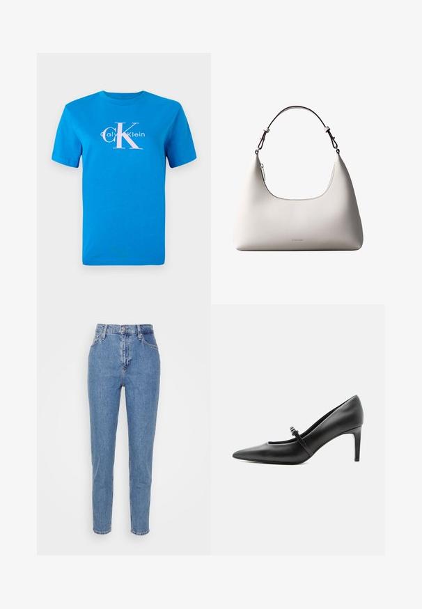 Camiseta de algodón azul con mangas cortas, que cuenta con un logo blanco de Calvin Klein y un gran gráfico rosa "CK" centrado en el frente.; Jeans de tiro alto rectos de color azul con botón frontal y cremallera, trabillas para cinturón y bolsillos, exhibidos sobre un fondo blanco liso.; Zapato de tacón alto de cuero negro con punta puntiaguda, con tira fina y hebilla sobre el empeine, sobre fondo claro y neutro.; Bolso de hombro de cuero color crema de Calvin Klein con borde superior curvado, cremallera plateada y correa ajustable marrón oscuro.