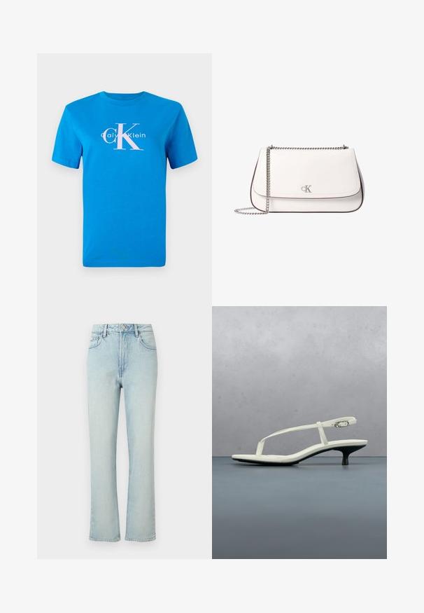 Camiseta de algodón azul con mangas cortas, que cuenta con un logo blanco de Calvin Klein y un gran gráfico rosa "CK" centrado en el frente.; Vaqueros azul claro de tiro alto y pierna recta con botón frontal, trabillas para cinturón y diseño clásico de cinco bolsillos sobre un fondo liso.; Sandalia blanca de tacón kitten con tiras y punta afilada, flotando sobre un suelo de baldosas de madera al aire libre, con un fondo desenfocado de plantas y pared.; Bolso de hombro de cuero blanco con correa de cadena plateada y pequeño logo "cK" en la solapa frontal.