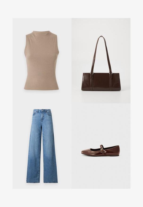 Beige ærmeløs top med høj hals, ribbet struktur og tætsiddende design. Minimalistisk stil uden synlige dekorationer.; Lyseblå jeans med højtaljet, vide ben, frontknap og lynlås, lommer foran og bagpå samt subtil afblegning på lårene.; Brun patentlæder balletflade med firkantet tå og strop med en lille guldbuckle. Glat tekstur, lav hæl og minimalistisk design.; Brun lakeret håndtaske med rektangulær form, to lange håndtag og subtile buede detaljer på fronten.