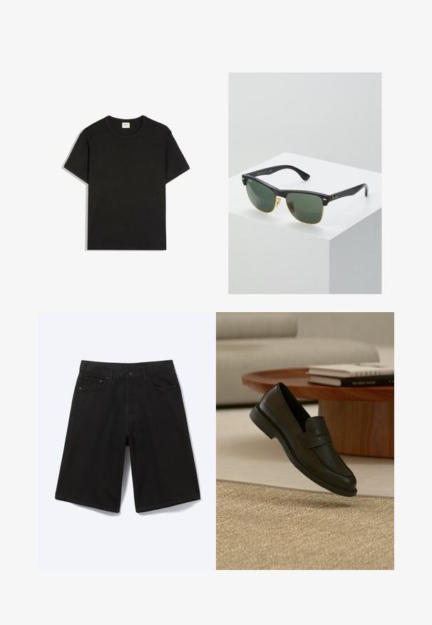 Effen zwart T-shirt met korte mouwen en ronde hals, plat neergelegd, met zicht op de voorkant, zichtbare naden en een wit merkembleem aan de binnenkant van de hals.; Zwarte denim short tot op de knie met voorste knoop, riemlussen en vijf zakken, afgebeeld tegen een witte achtergrond.; Zwarte leren loafer schoen getoond in de lucht boven een beige geweven tapijt, met een houten tafel en gestapelde boeken in een zacht verlichte woonkamer.; Ray-Ban zonnebrillen met groene lenzen, zwarte plastic monturen en gouden accenten aan de randen. Vierkante vorm met een matte afwerking.