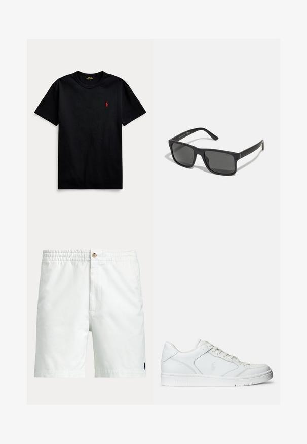 Schwarzes Baumwoll-T-Shirt mit kurzen Ärmeln, Rundhalsausschnitt und kleinem roten gestickten Logo auf der linken Brust. Glatte Textur, lässiges Design.; Weiße Herren-Shorts mit elastischem Bund, Knopfverschluss, Seitentaschen und kleinem dunklem Logo nahe dem unteren Saum an einem Bein.; Weißer Ledersneaker mit glatter Textur, ausgestattet mit einer perforierten Zehenpartie, Schnürverschluss und gesticktem Logo an der Seite. Weiße Gummisohle.; Schwarze rechteckige Sonnenbrille mit dunklen Gläsern und matter Oberfläche. Enthält das eingeprägte "POLO"-Logo an den Bügeln und ein robustes Rahmendesign.