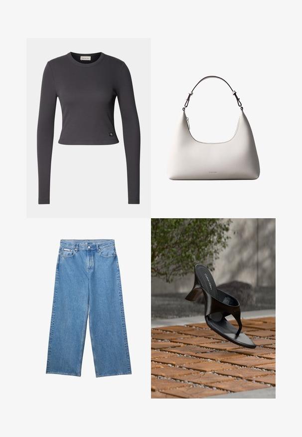 Langærmet, cropped top i mørkegrå ribbet stof med en rund halsudskæring og et lille logo patch nederst. Glat tekstur, tætsiddende design.; Blå vidde jeans med frontknap og lynlås, bæltestropper og Calvin Klein-mærke på lille forlomme.; Sort Calvin Klein hæl-sandal med åben tå, der svæver over en udendørs flisebelagt overflade med grønne planter og en betonvæg i baggrunden.; Cremefarvet skuldertaske i læder fra Calvin Klein med buet topkant, sølvfarvet lynlås og mørkebrun justerbar rem.