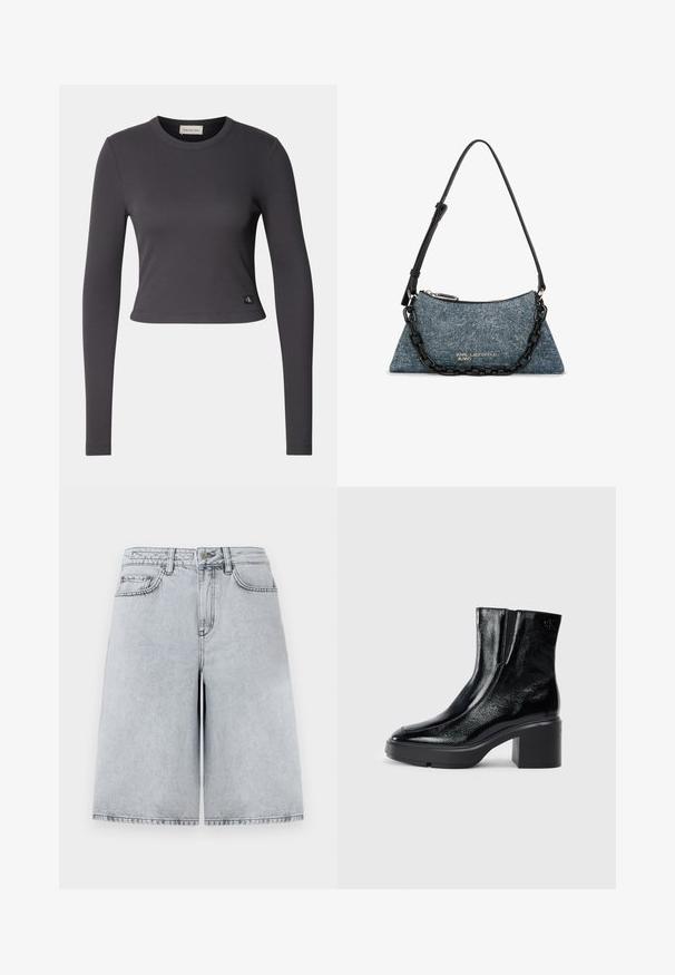Langærmet, cropped top i mørkegrå ribbet stof med en rund halsudskæring og et lille logo patch nederst. Glat tekstur, tætsiddende design.; Lys grå denimshorts med en afslappet pasform, der har høj talje, fem lommer og lige ben. Enkle, minimalistiske syninger.; Sorte patenterede læderankelstøvler med en buet tå, elastiske sidepaneler og en kraftig blokhæl. Har et præget logo på bagsiden.; Blå denim trekantet skuldertaske med sort justerbar strop, sort kædedetalje og sølvfarvet "Karl Lagerfeld Jeans" logo.