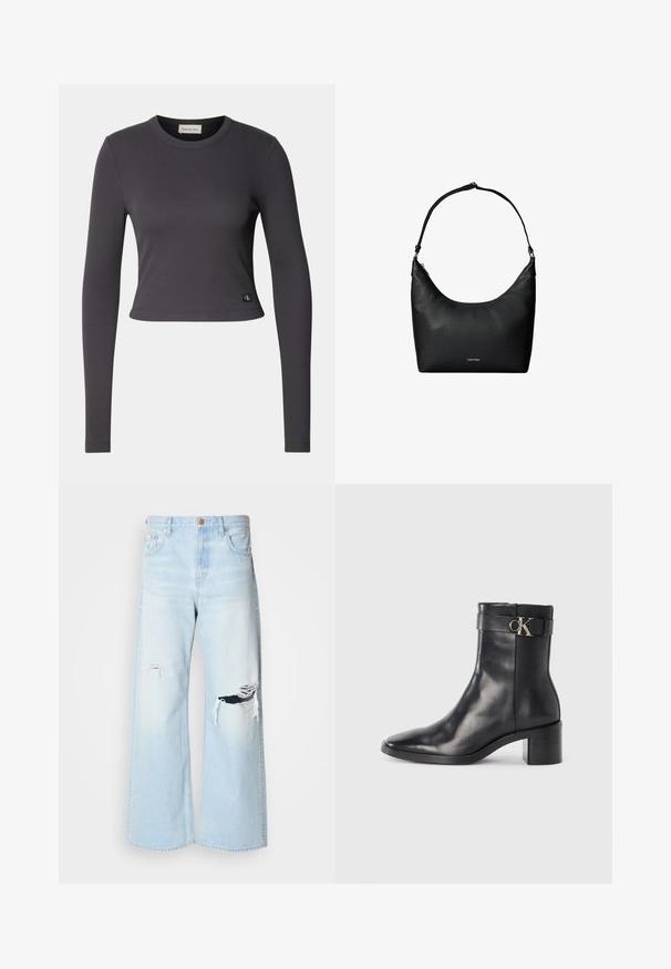 Langærmet, cropped top i mørkegrå ribbet stof med en rund halsudskæring og et lille logo patch nederst. Glat tekstur, tætsiddende design.; Lyseblå brede jeans lavet af denim, med høj talje, store revner ved knæene og et klassisk fem-lomme design med kobberhardware.; Sort læder ankelstøvle med spids tå, blokhæl og en rem med en metallisk logo detalje. Glat tekstur og minimalistisk design.; Sort tekstureret læder skuldertaske med en enkelt rem og et lille Calvin Klein-logo foran i midten.