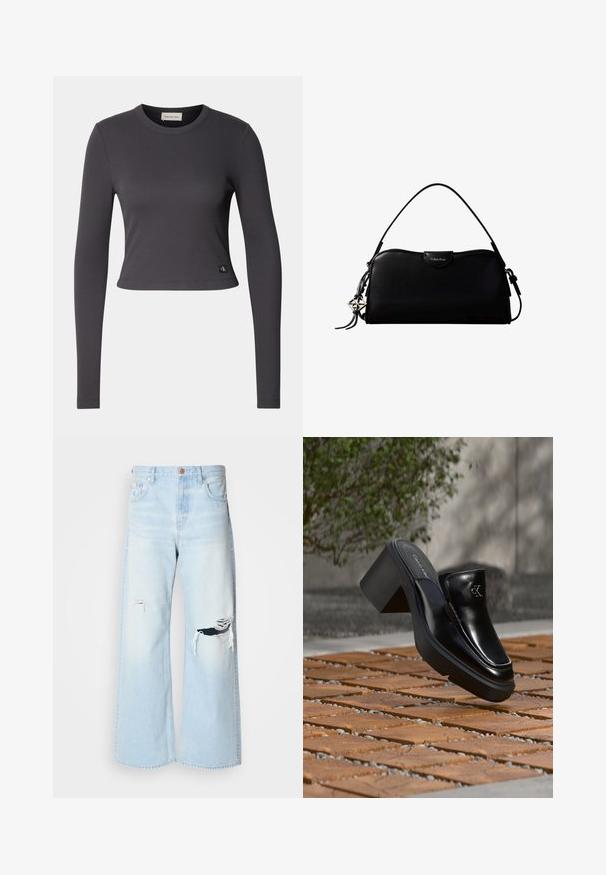 Langærmet, cropped top i mørkegrå ribbet stof med en rund halsudskæring og et lille logo patch nederst. Glat tekstur, tætsiddende design.; Lyseblå brede jeans lavet af denim, med høj talje, store revner ved knæene og et klassisk fem-lomme design med kobberhardware.; Sort læder Calvin Klein slip-on mule med blokhæl, der hviler på trætøj udendørs nær en grøn plante og en grå væg.; Sort rektangulær Calvin Klein håndtaske med enkelt toprem, sølvlogo vedhæng og lille klaplukning foran.