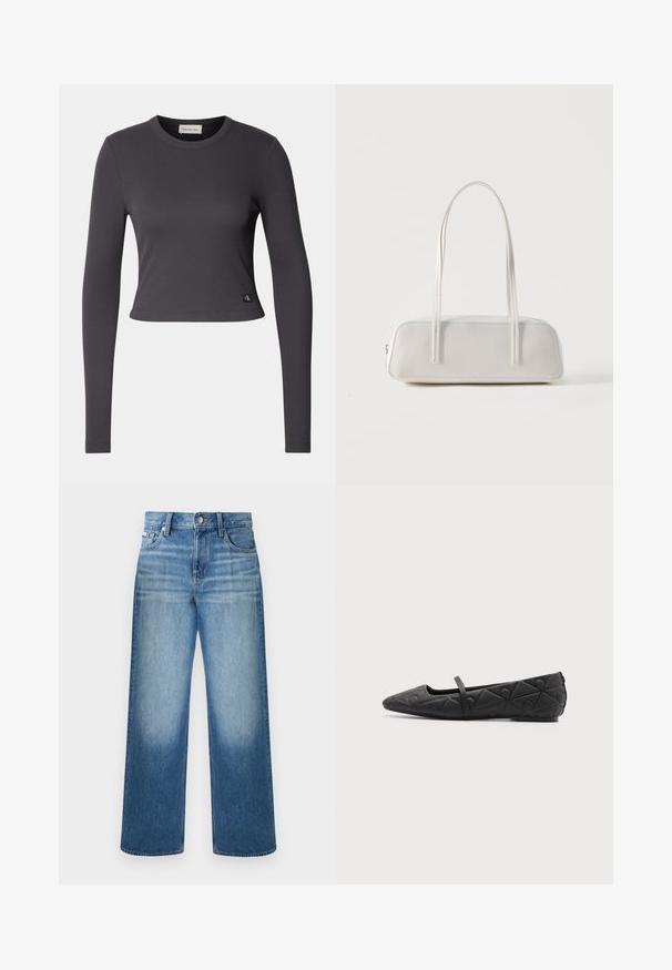 Langærmet, cropped top i mørkegrå ribbet stof med en rund halsudskæring og et lille logo patch nederst. Glat tekstur, tætsiddende design.; Blå straight-leg denimjeans med knap- og lynlåslukning, fem-lomme-design og falmet vask på lår og knæ.; Sort flad sko med spids tå, quiltede geometriske mønstre og en tynd rem over vristen på en ensfarvet baggrund.; Hvid rektangulær skuldertaske med lange tynde stropper, minimal syning og lynlåslukning på en ensfarvet baggrund.