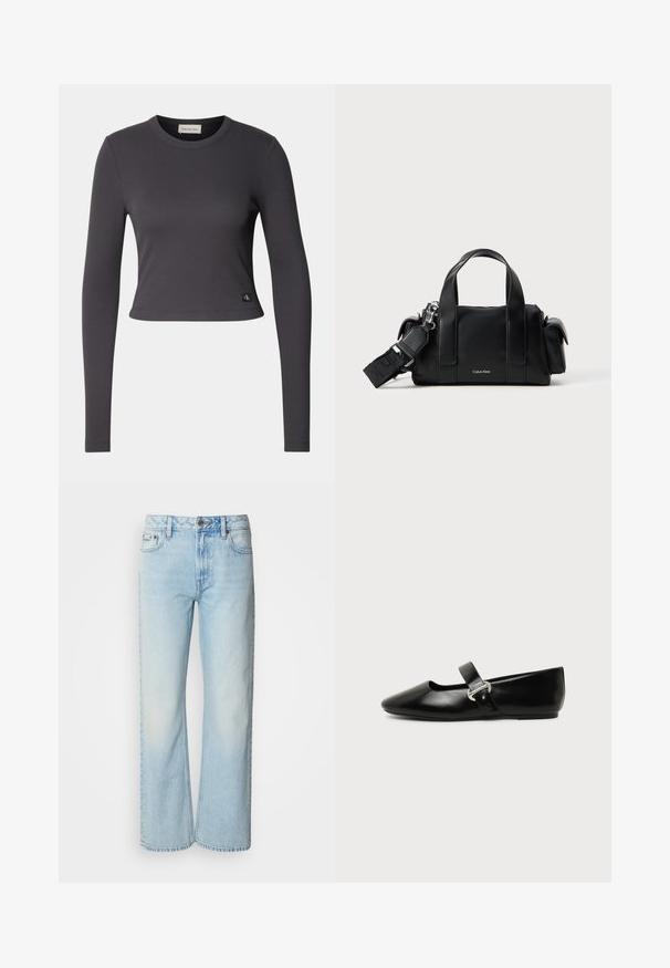 Langærmet, cropped top i mørkegrå ribbet stof med en rund halsudskæring og et lille logo patch nederst. Glat tekstur, tætsiddende design.; Lyseblå brede jeans lavet af denim med et klassisk fem-lomme design og en subtil falmet tekstur. Denim-syninger er synlige.; Sort læder Mary Jane-flad sko med rundet tå og sølvspænde på ensfarvet baggrund.; Sort lædertaske med to topbøjler og en aftagelig skulderrem. Har en lynlåslukning og et diskret logo foran.